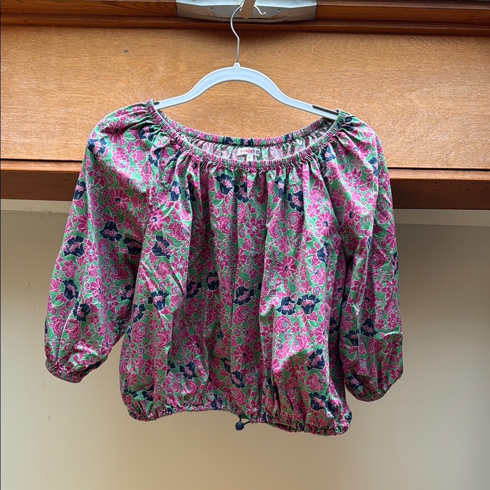 Sundry Pink and Green Floral Blouse with Puffy Sleeves